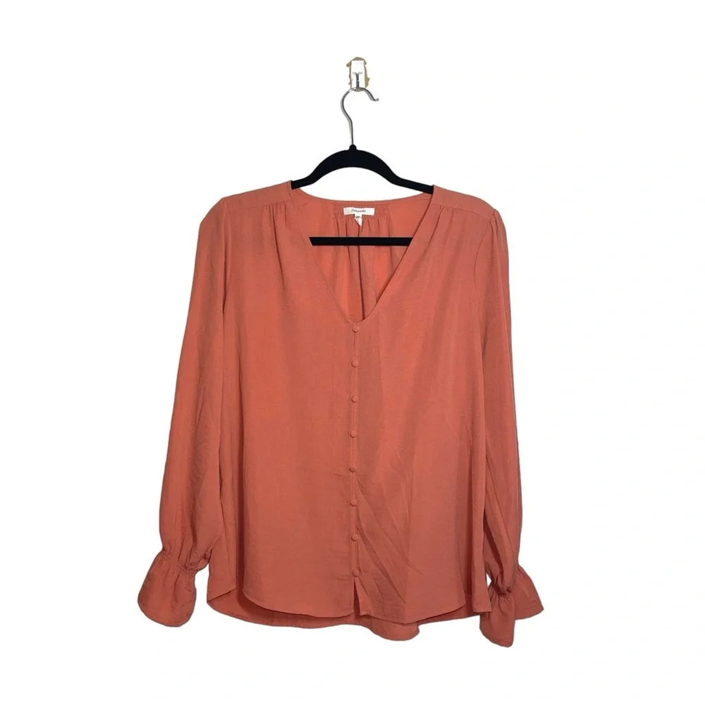 Maurices Salmon Pink V-neck Button Front Ruffle Sleeve Blouse Medium Women’s